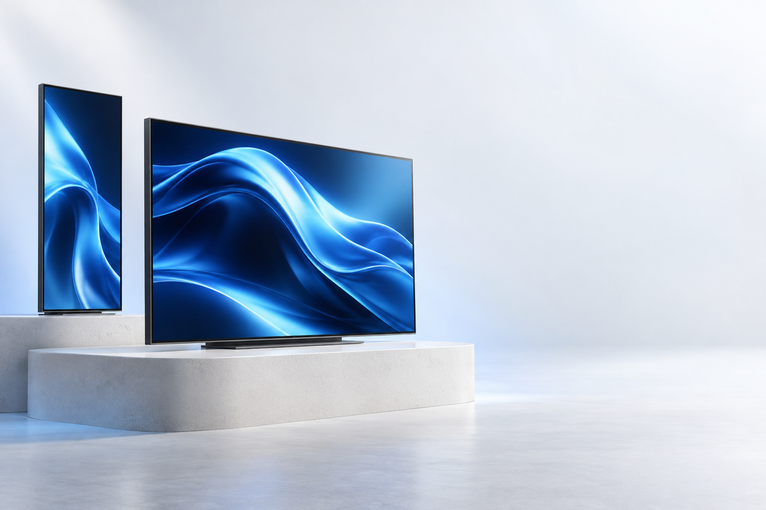 Landscape and portrait displays showing blue waves, illustrating a digital signage experience.