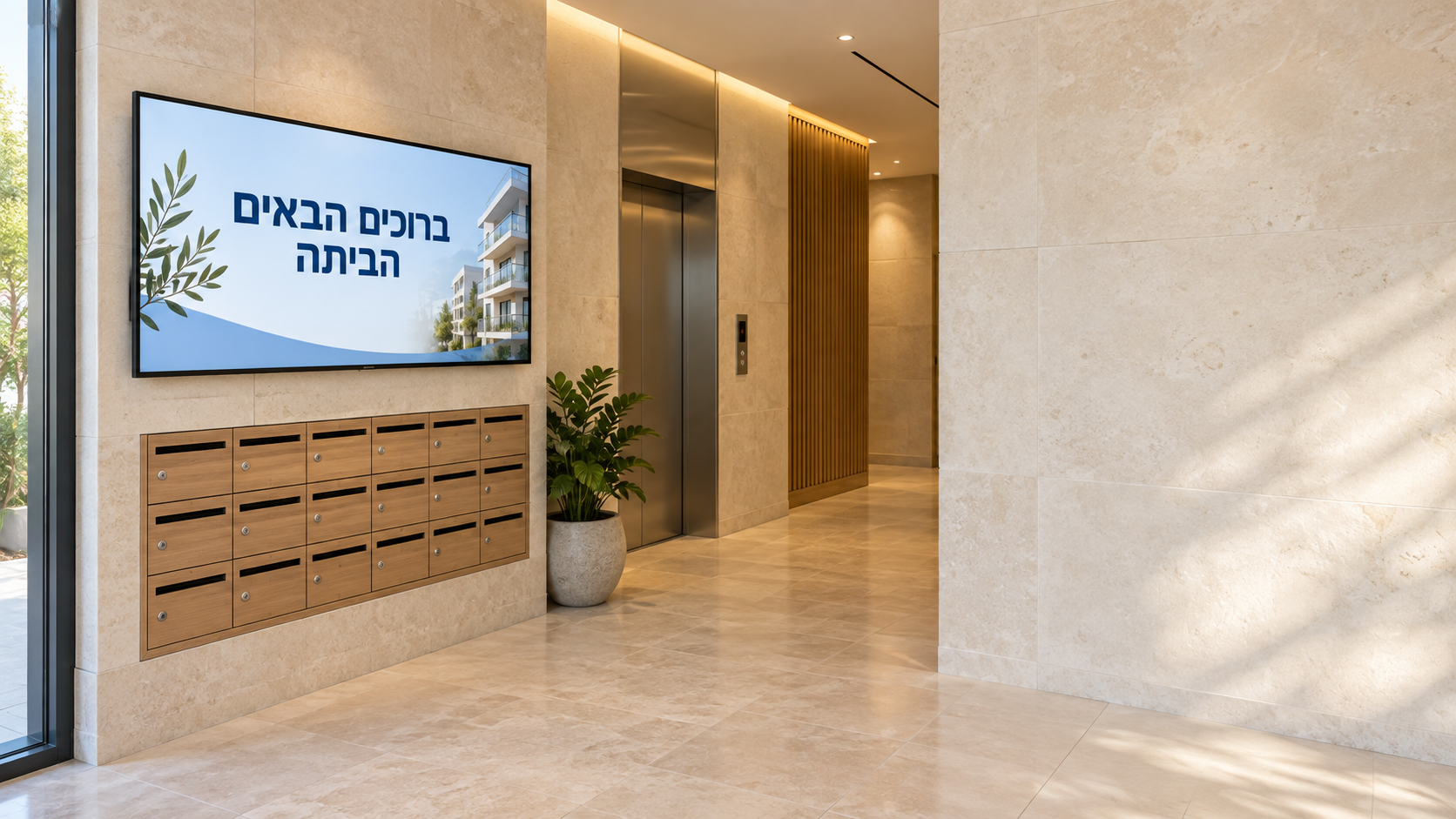 הדמיית לובי בניין מגורים עם מסך מידע לצד המעליות ותיבות הדואר